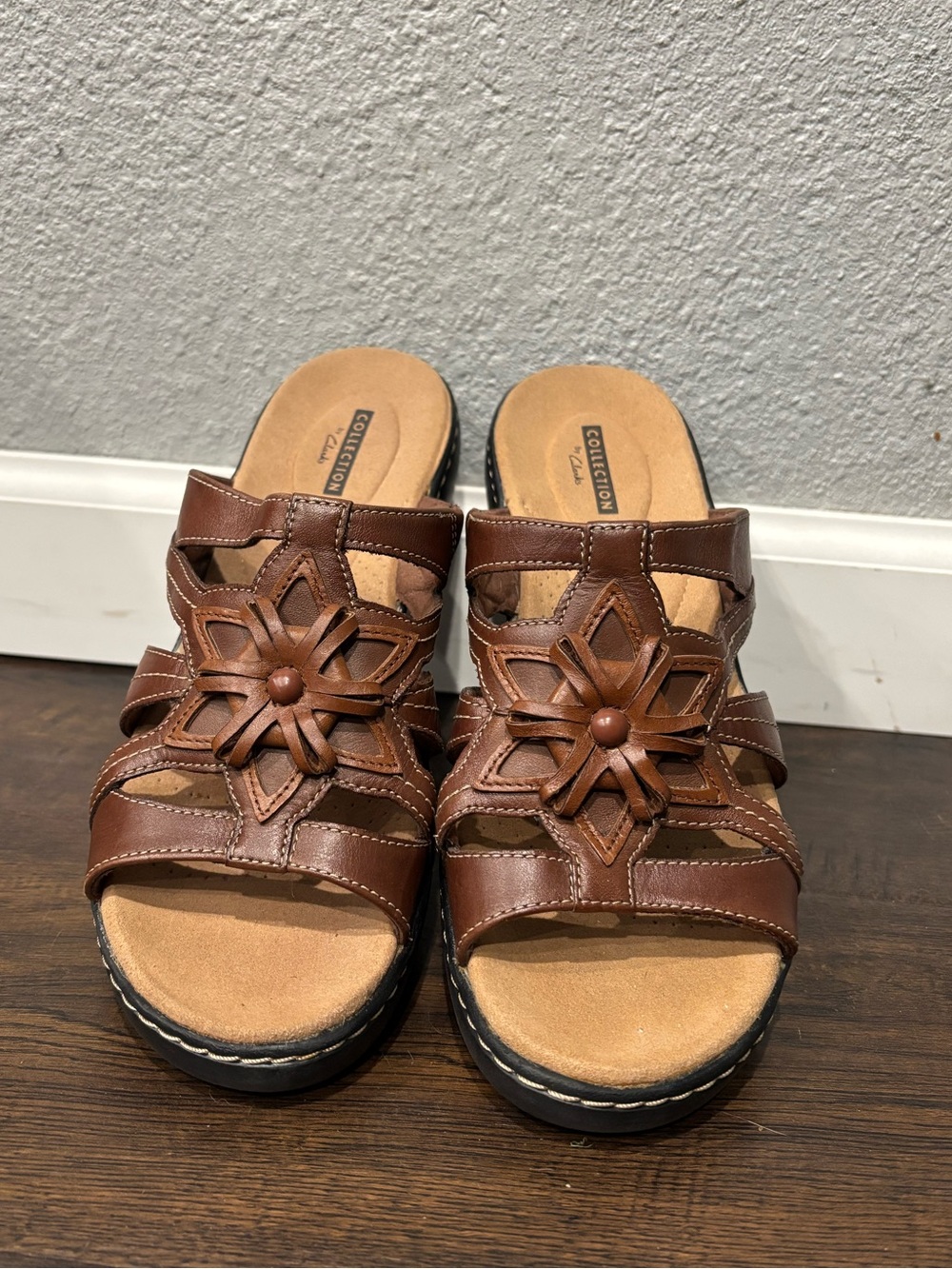 Clarks Brown Leather Floral Cutout Slide Sandals